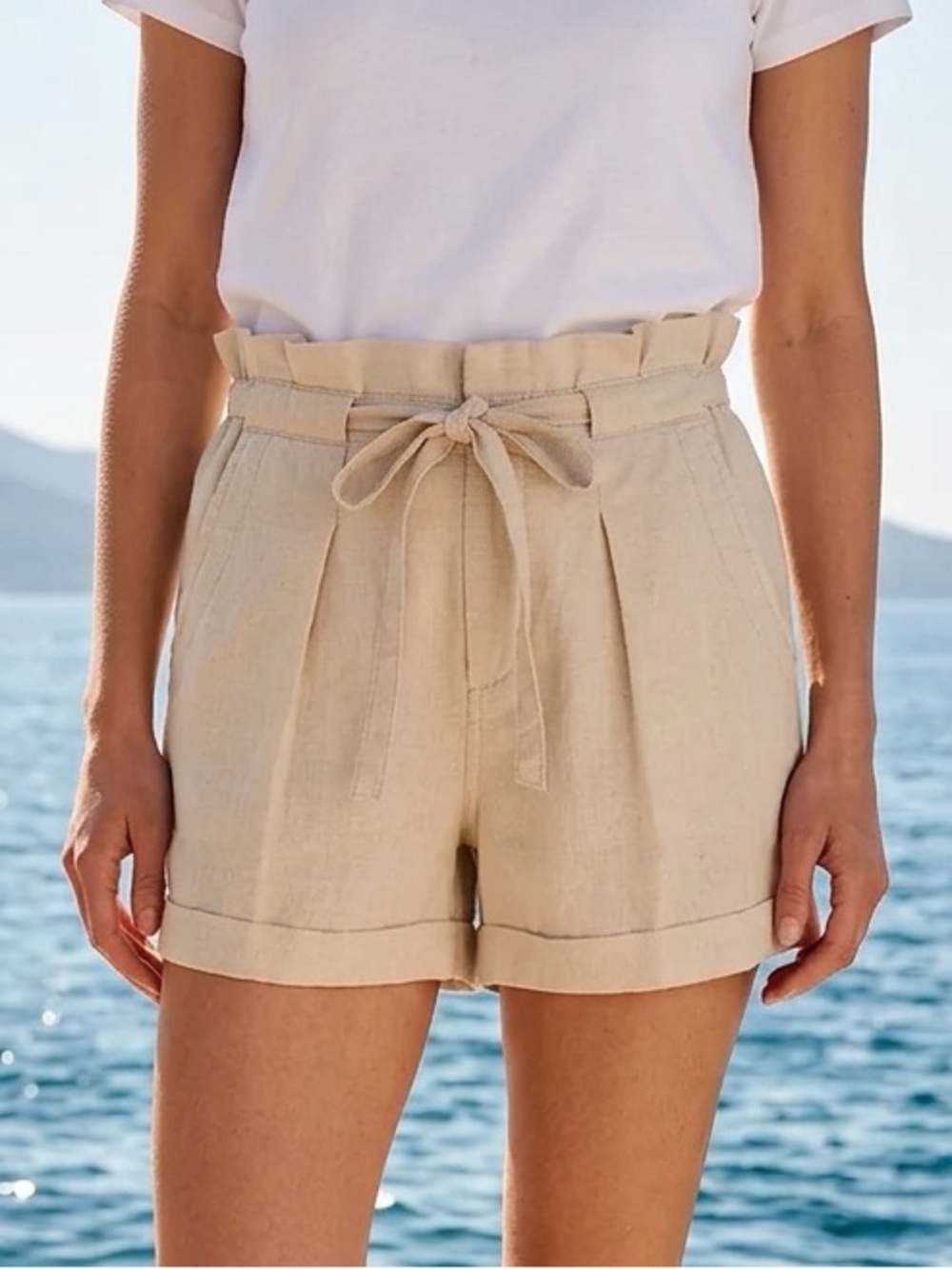 Sugarlips Cream Shorts 100% Linen Womens S 4-6 Zip-Front pockets pleated Ruffle